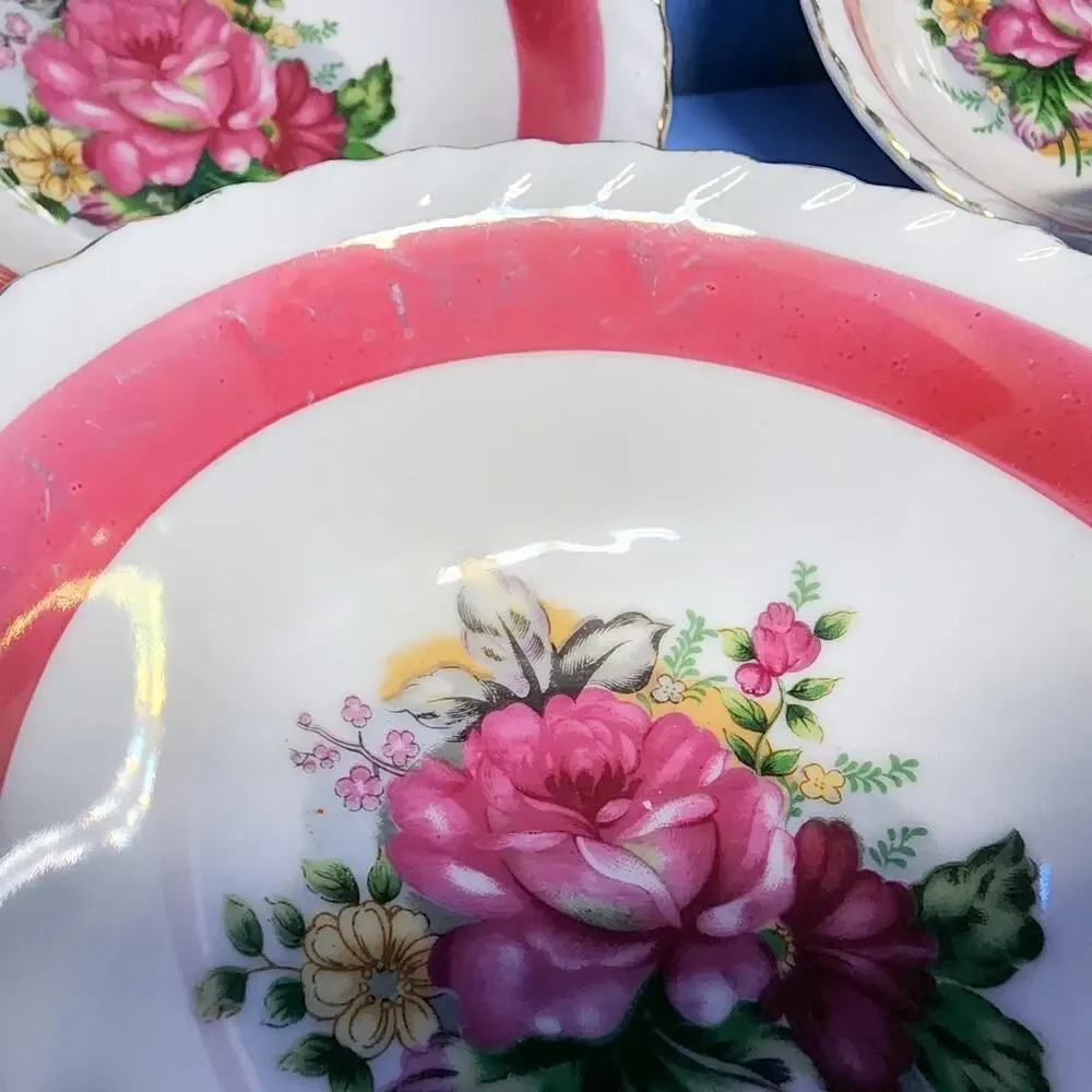 4 Westwood Luster Floral Bowls Gold Trim Pink Burgundy Set 5 1/2